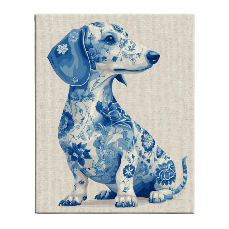 Blue Floral Dachshund Paint by Numbers