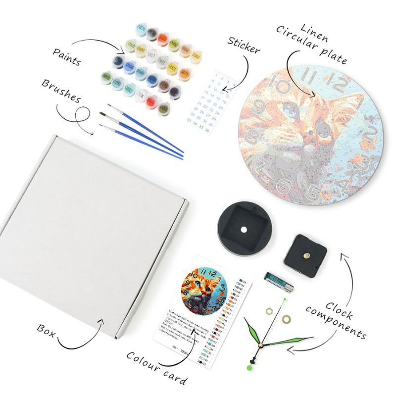 Colorful Cat Portrait Paint by Numbers Clock Kit
