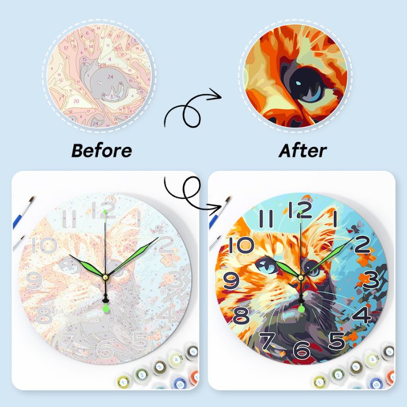 Colorful Cat Portrait Paint by Numbers Clock Kit
