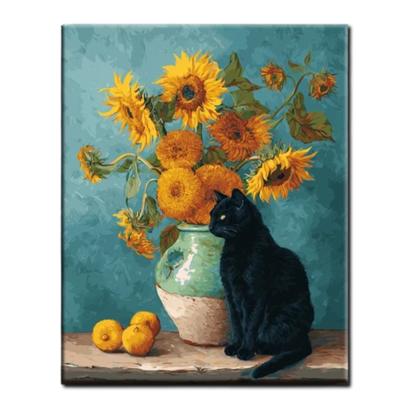 Cozy Black Cat with Sunflowers Paint by Numbers