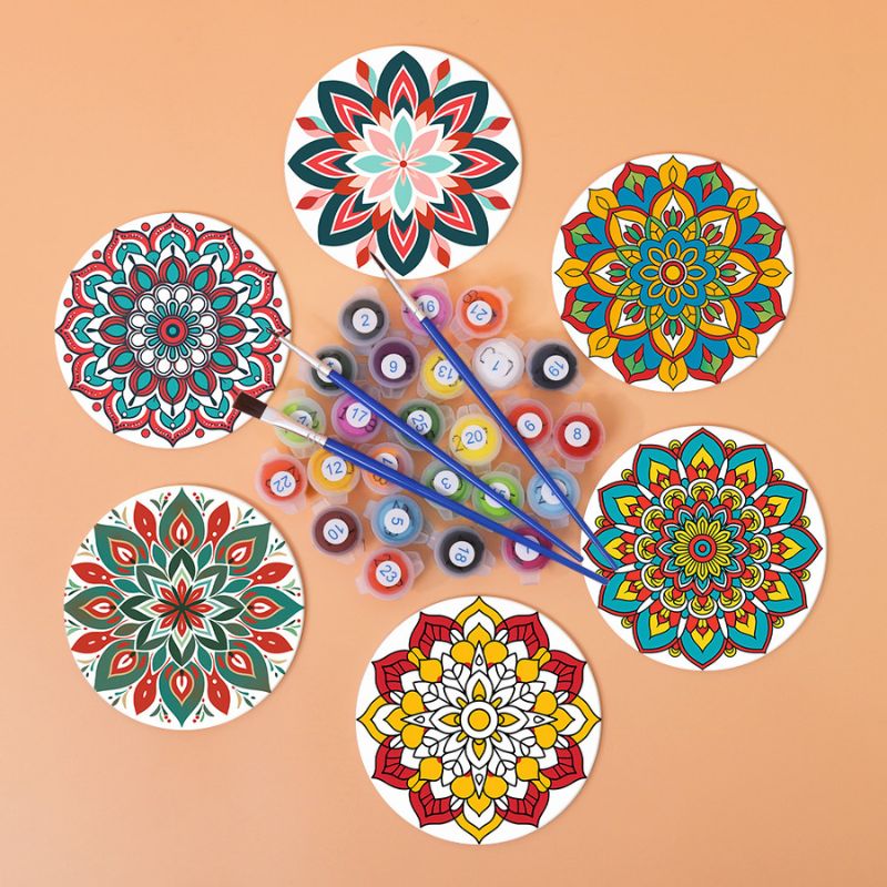 Rainbow Mandala Paint by Numbers Coasters