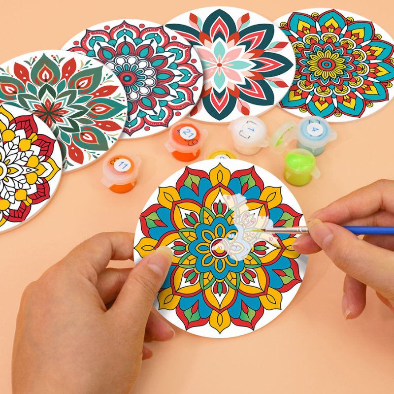 Rainbow Mandala Paint by Numbers Coasters