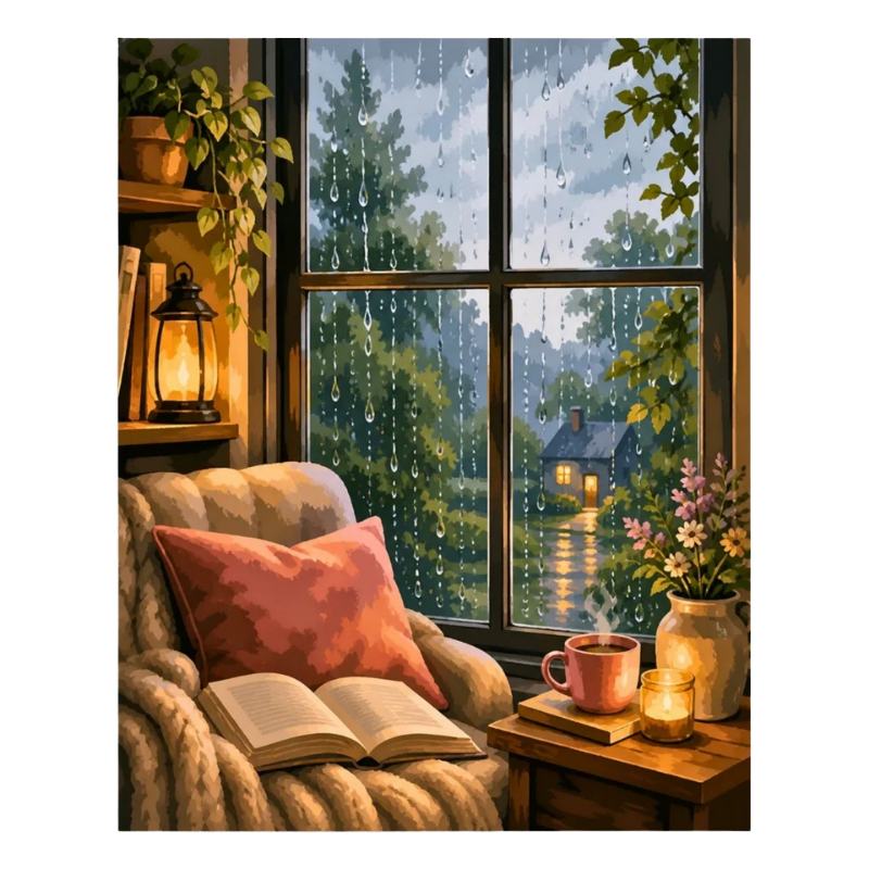 Rainy Cottage Reading Scene Paint by Numbers