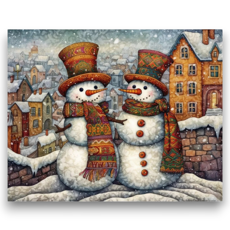 Snowman Duo in Winter Village Paint by Numbers