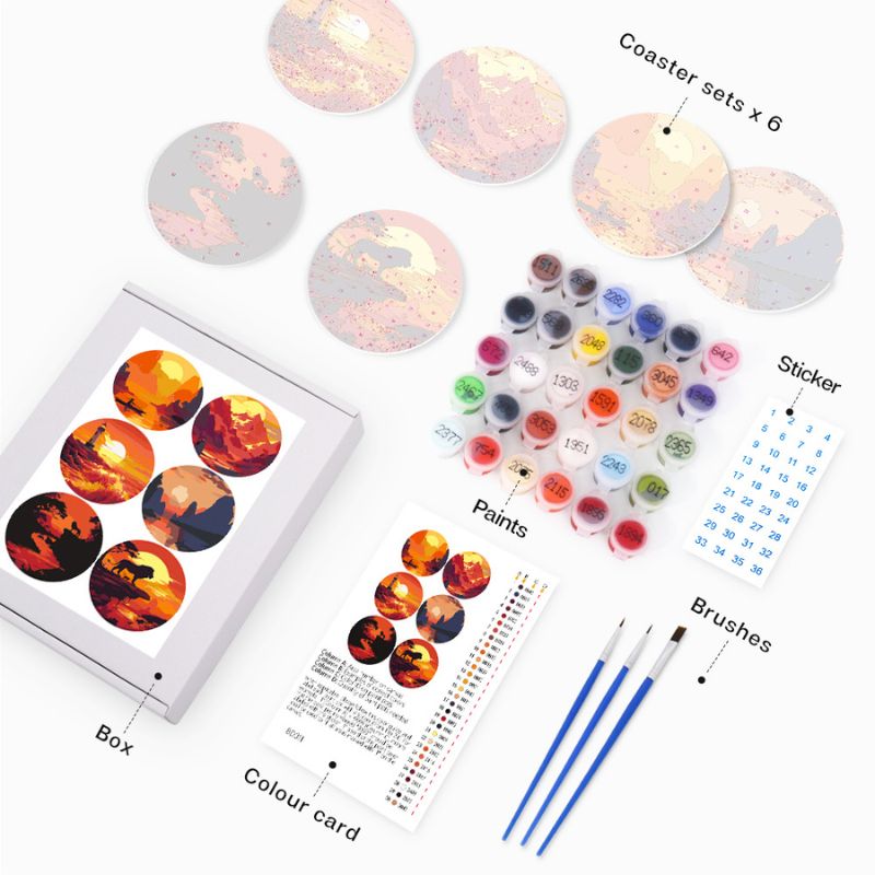 Sunset Landscape Paint by Numbers Coasters